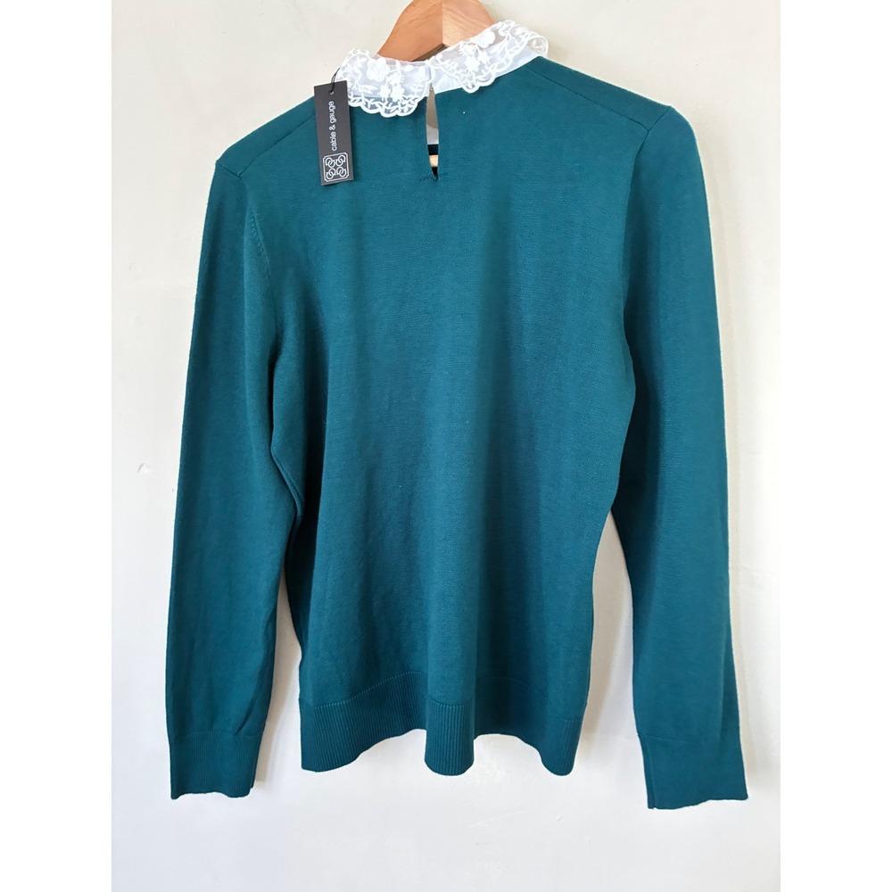 Cable & Gauge Teal Green Lace Collar Sweater NWT L Floral Peter Pan Knit Casual - Picture 9 of 9